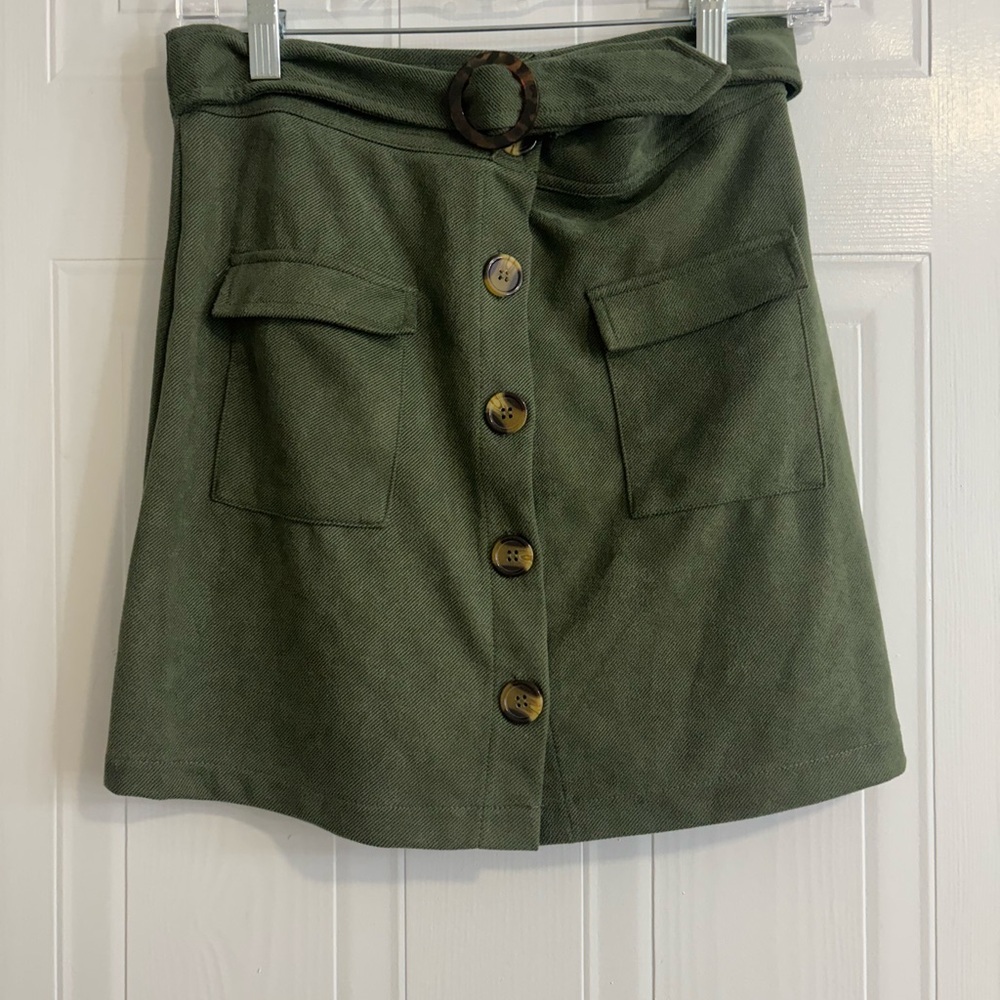 Olive Green Button-Front Mini Skirt